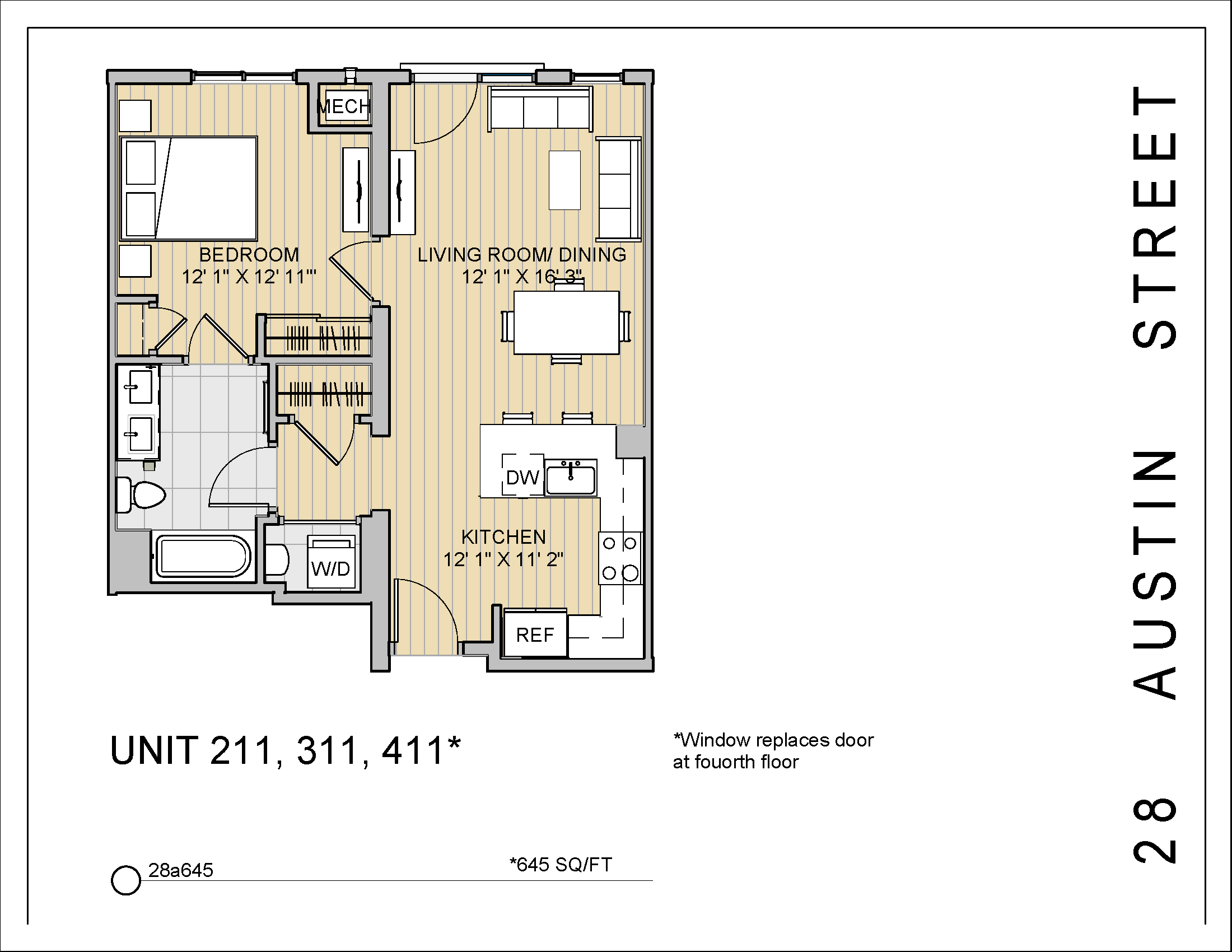 Floor plan for 1 bed, 1 bath, 645 sqft